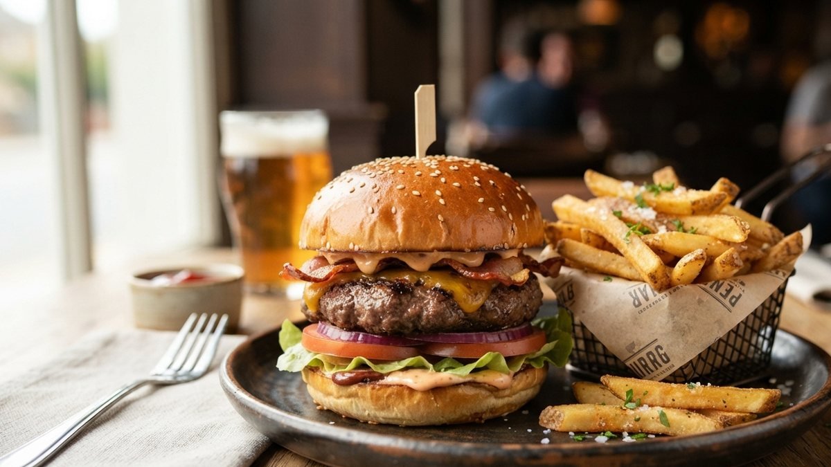 A burger and fries on a wooden restaurant table