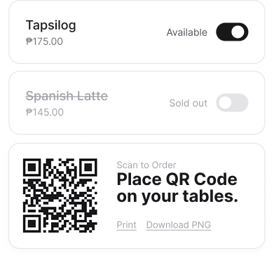 Toggling item availability, and a table QR code
