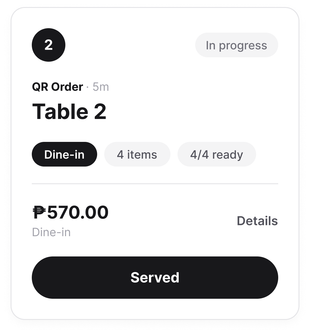 A live order ticket on the staff dashboard