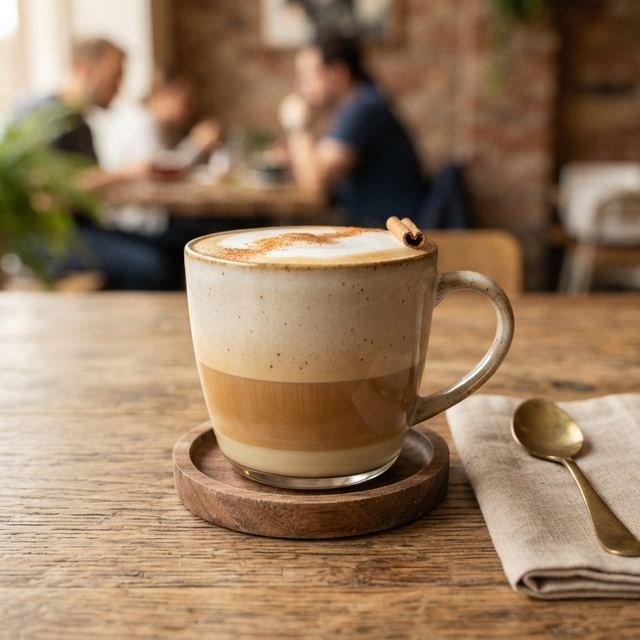 A Spanish latte on a wooden café table