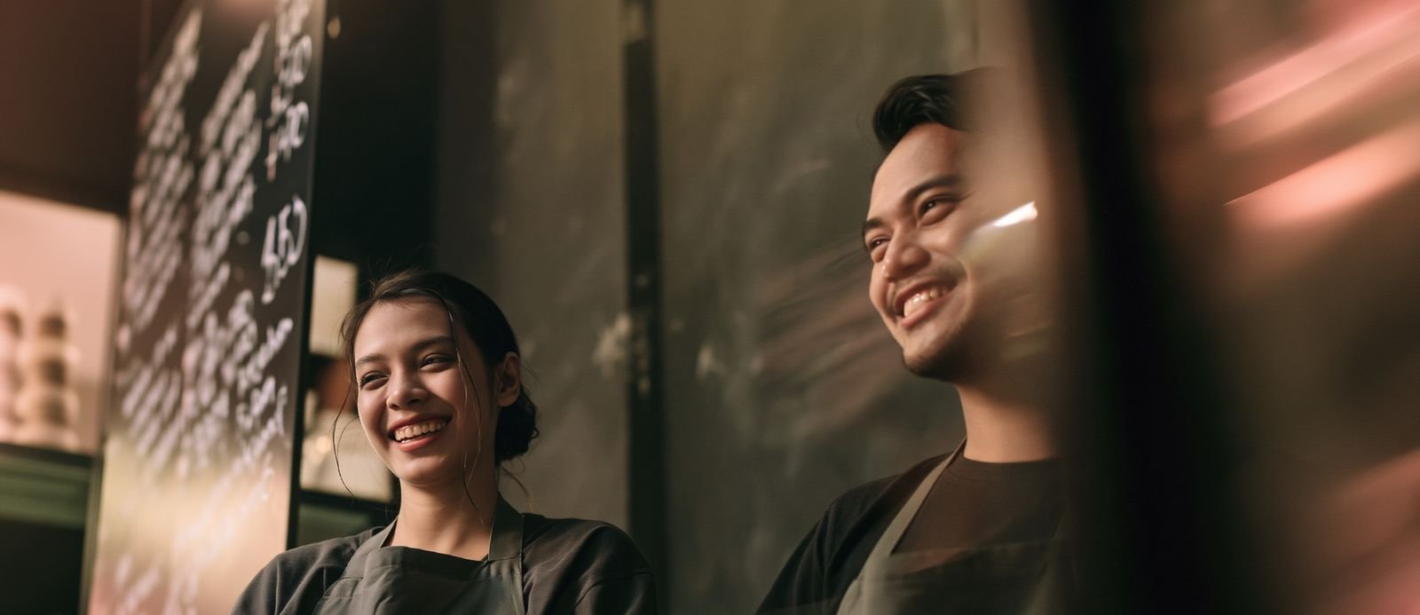 Two café staff in aprons smiling beside a chalkboard menu